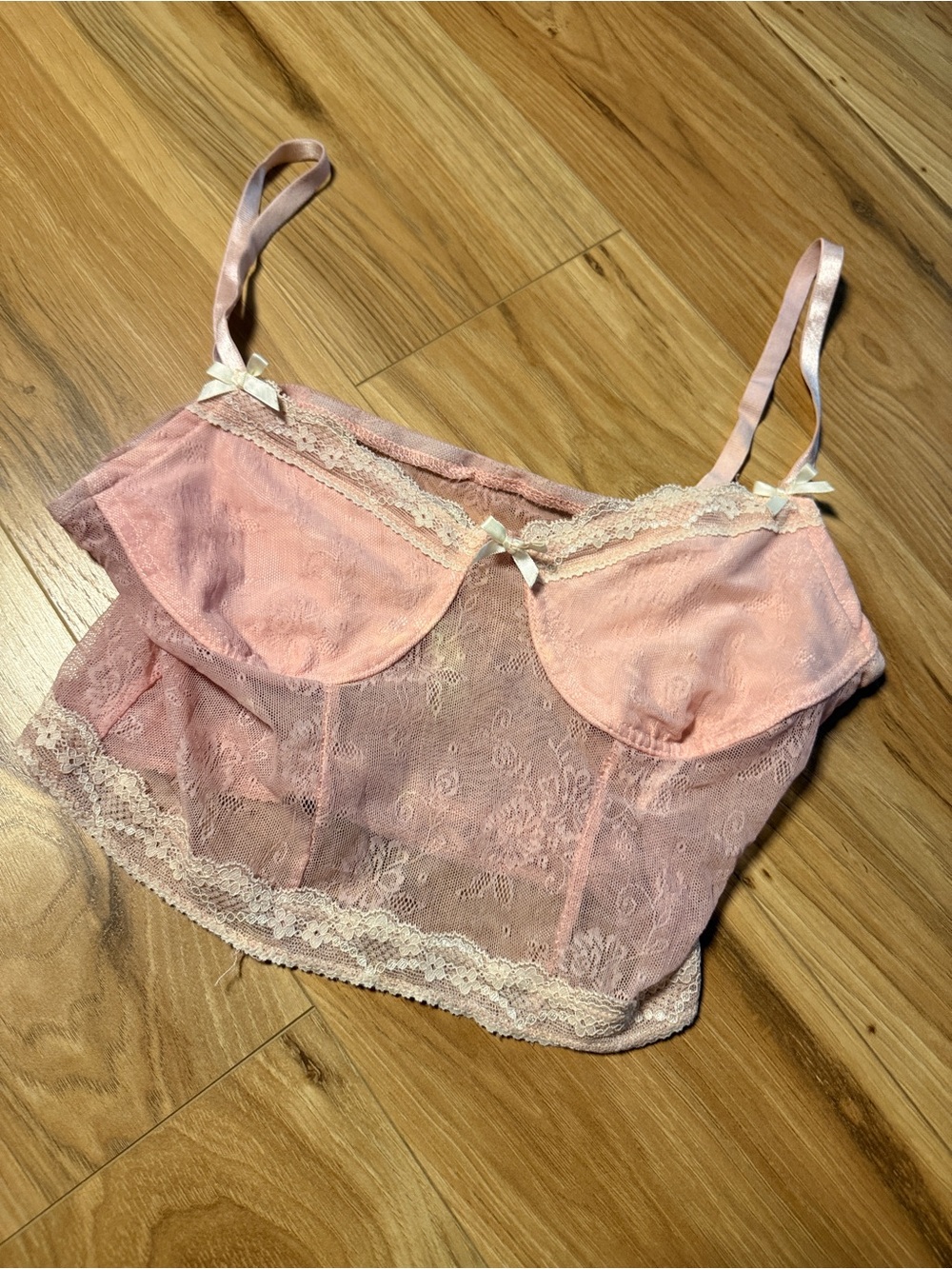 Pink Lace Cami Bralette with Bow Trim